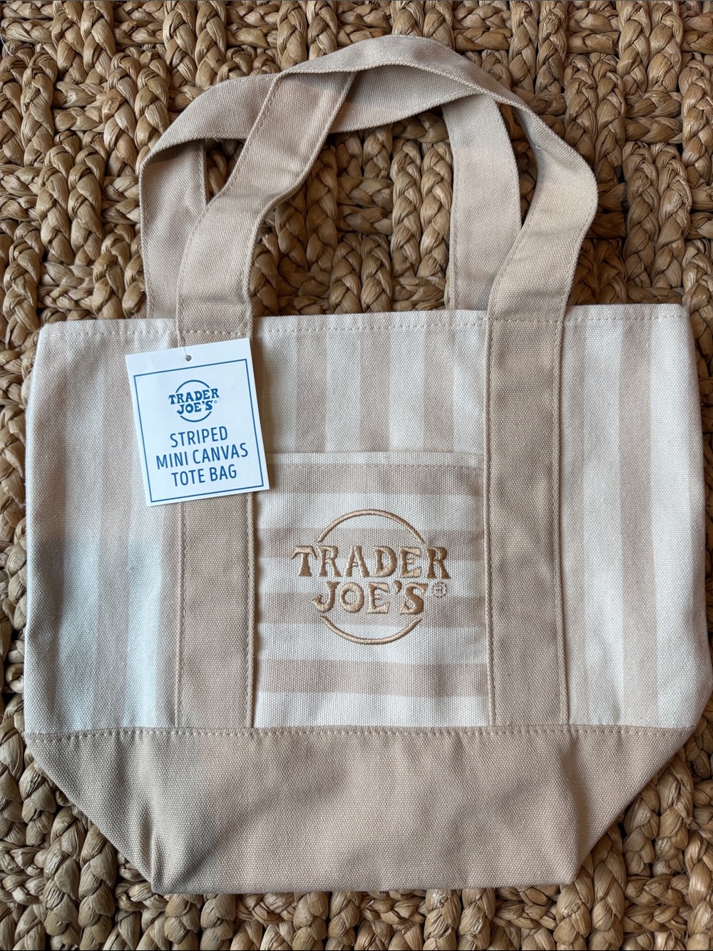 Trader Joe's Striped Mini Canvas Tote Bag in Beige NWT